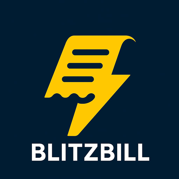 Blitzbill logo: a yellow receipt, stylized as a flash, on blue bachground. Below in white caps: "Blitzbill"